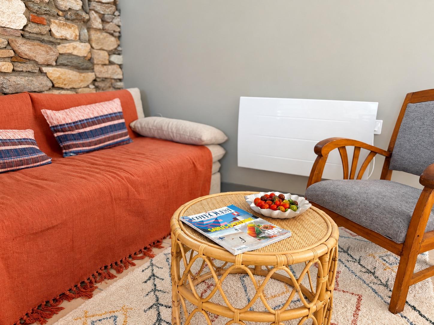 Canapé terracotta, fauteuil en bois et table basse en rotin dans le salon